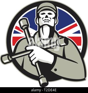 Illustrazione di un meccanico britannico Lavoratore che indossa hat holding chiave del pneumatico a 4 vie la chiave di manovra o pneumatico di ferro sul petto cercando di impostare nella protezione con unione Illustrazione Vettoriale