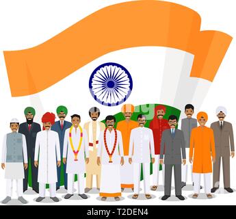 Concetto sociale. Gruppo adulti indiano persone in piedi insieme in diversi tradizionali vestiti nazionali sullo sfondo con bandiera in uno stile piatto. Vettore Illustrazione Vettoriale