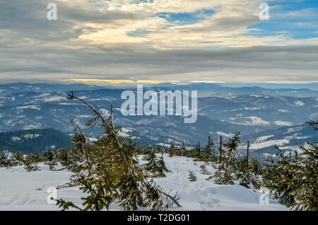 Inverno bellissimo paesaggio di montagna. Magica pendici innevate nelle montagne polacche. Foto Stock