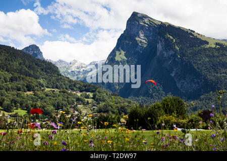 Parapendio in Samoens, Francia Foto Stock