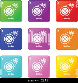 Cinghie di trasmissione set di icone 9 Raccolta di colore Illustrazione Vettoriale