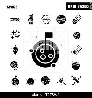 Spazio glifo solido set di icone per Infographics, Mobile UX/UI Kit e print design. Includono: Rocket, spazio, trasporto, Luna, pianeta, Spazio Spaceshi Illustrazione Vettoriale