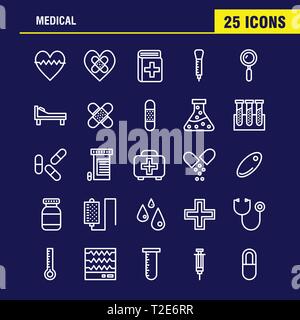 Linea Medicale Icon Pack per i progettisti e gli sviluppatori. Icone di salute, sanitario, medico, bendaggi, lo sgretolamento, cuore spezzato, medico, vettore Illustrazione Vettoriale