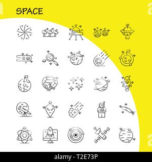 Spazio disegnato a mano set di icone per Infographics, Mobile UX/UI Kit e print design. Includono: Rocket, spazio, trasporto, Luna, pianeta, Spazio astronave Illustrazione Vettoriale