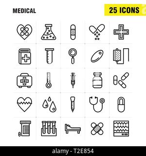 Linea Medicale Icon Pack per i progettisti e gli sviluppatori. Icone di salute, sanitario, medico, bendaggi, lo sgretolamento, cuore spezzato, medico, vettore Illustrazione Vettoriale