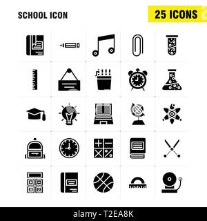 Icona di scuola solido Icona Glyph Pack per i progettisti e gli sviluppatori. Icone di istruzione, Globe, scuola, zaino, borsa imparare, apprendimento, scuola, vettore Illustrazione Vettoriale