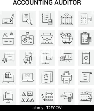 25 disegnati a mano Revisore Contabile icon set. Sfondo grigio Vector Doodle Illustrazione Vettoriale