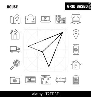 Casa icona Linea per il Web, la stampa e Mobile UX/UI Kit. Come ad esempio: carta, carta piano, piano, avvio, casa, ingrandimento, vetro, pittogramma Pack. - Vettore Illustrazione Vettoriale