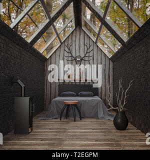 3D rendering di un interno di una cabina accogliente nei boschi con tetto in vetro, un letto e camino Foto Stock