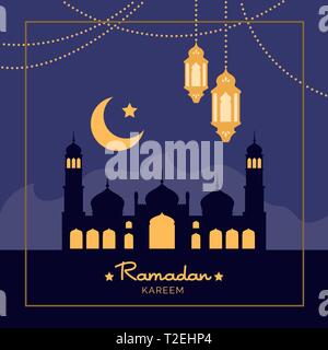 Il Ramadan Kareem holiday celebrazione card con la moschea, lanterna e luna Illustrazione Vettoriale