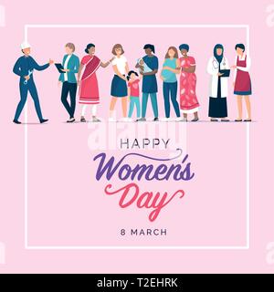 Buon Giorno della donna holiday design e social media post con diverse donne insieme permanente Illustrazione Vettoriale