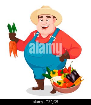 Il grasso contadino, agronomo. Funny giardiniere uomo personaggio dei fumetti tenendo le carote fresche. Illustrazione di vettore isolato su sfondo bianco Illustrazione Vettoriale