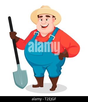 Il grasso contadino, agronomo. Funny giardiniere uomo personaggio dei fumetti azienda pala. Illustrazione di vettore isolato su sfondo bianco Illustrazione Vettoriale