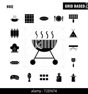 Barbeque solido Icona Glyph Pack per i progettisti e gli sviluppatori. Icone di barbecue, barbeque, cibo, salsiccia, vetro, bere, barbeque, limone, vettore Illustrazione Vettoriale