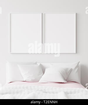 Mock-up fotogramma poster in camera da letto stile scandinavo, 3D render Foto Stock