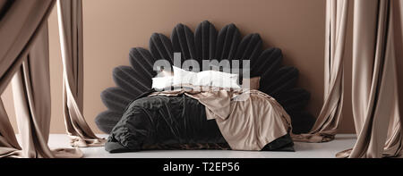 Letto matrimoniale con baldacchino in colori marrone, Vista panoramica, 3D render Foto Stock