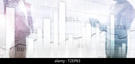 Financial stock trading grafico schema grafico della finanza aziendale concetto doppia esposizione dei supporti misti Foto Stock