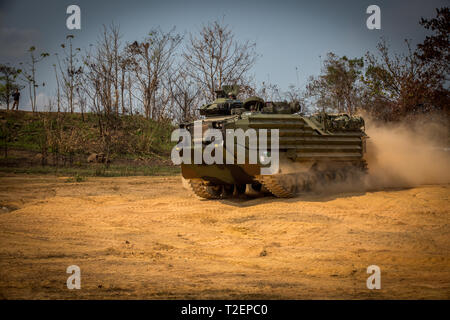 Un U.S. Luce subacquea veicolo blindato trasporta i Marines di articolazione durante il fuoco vivo della formazione con gli Stati Uniti e il Thai Royal Marines su Camp Ban Chan Krem, Royal Regno di Thailandia, il 20 febbraio, 2019. Il comune di vivere la formazione antincendio consisteva di Royal Thai e U.S. Marine cecchini, artiglieria, luce veicoli blindati, Humvees e supporto di fanteria, dimostrando la forza e la coesione durante il combattimento-simili situazioni come una forza integrata. Cobra Gold è un Tailandia e Stati Uniti co-sponsorizzato Combined Joint Task Force e teatro comune operazione di sicurezza esercizio condotte con un massimo di 29 nazioni partecipanti annualmente Foto Stock