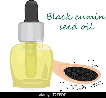 Nero semi di cumino olio essenziale illustrazione vettoriale aromaterapia Health care Illustrazione Vettoriale