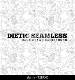 Dietic frutti e gli elementi di sfondo senza giunture con doodle linea stile d'arte. Moderno e alla moda e illustrazione vettoriale. Illustrazione Vettoriale