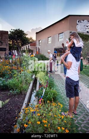 Johannesburg, Sud Africa, 30 Marzo - 2019: Padre con il bambino sulle spalle ammirando il giardino Foto Stock