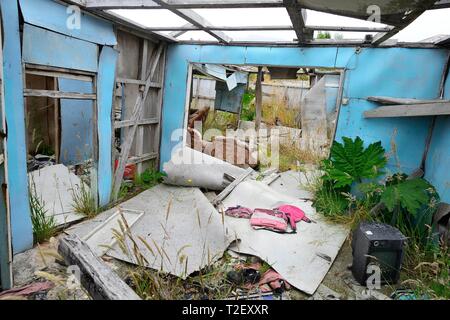 Distrutto casa durante l eruzione del vulcano Chaitén nel 2008, Chaiten, regione de los Lagos, Patagonia, Cile Foto Stock