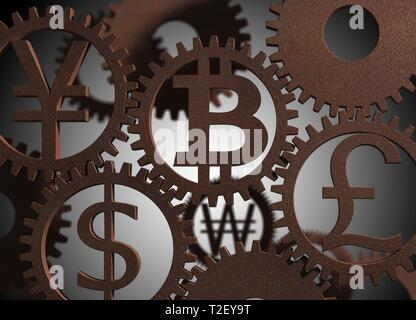 Gli ingranaggi con i simboli di valuta mesh, Yen, dollaro, sterlina inglese e Bitcoin, Germania Foto Stock