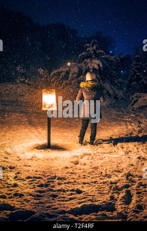 Donna in abbigliamento invernale con il suo ritorno sulla fotocamera vicino a una strada lampada durante la neve su una notte durante una tempesta di neve circondato dal bianco della neve Foto Stock