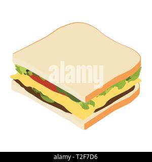 Sandwich con prosciutto e formaggio, pomodori, lattuga, e pane tostato vista isometrica Illustrazione Vettoriale