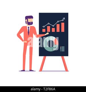 Imprenditore presenta un report utilizzando infographics sull ufficio lavagna banner. Illustrazione Vettoriale