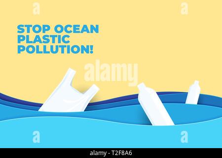 Oceano di arresto in plastica carta inquinamento arte illustrazione vettoriale. Giornata mondiale dell'acqua. La giornata della terra. Illustrazione Vettoriale