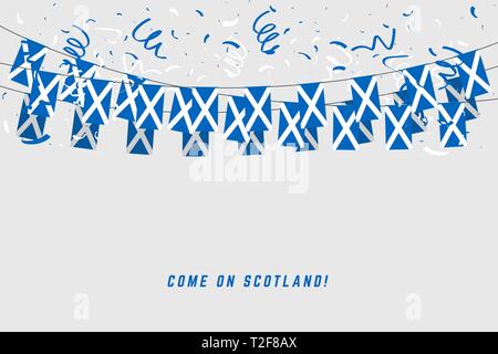 Scozia garland bandiera con i confetti su sfondo grigio, Hang bunting per la Scozia celebrazione template banner. Illustrazione Vettoriale