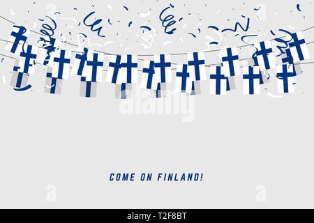 Finlandia garland bandiera con i confetti su sfondo grigio, Hang bunting per la Finlandia celebrazione template banner. Illustrazione Vettoriale
