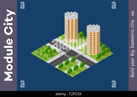 Serie di moderni edifici isometrica e piante per siti e giochi Illustrazione Vettoriale