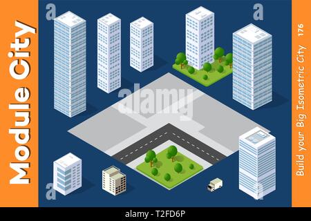 Vector isometric edificio di architettura urbana della città moderna con strade, grattacieli, e città, case. Per le mappe di illustrazione e costruzione di affari Illustrazione Vettoriale