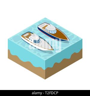 Yacht isometrica di una crociera sul mare immagine di un trasporto crociera viaggio viaggi di turismo. Illustrazione Vettoriale