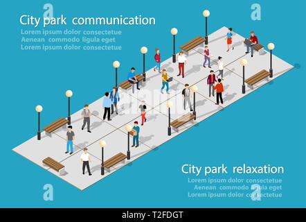 Isometrica, lo stile di vita delle persone la comunicazione in un ambiente urbano in un parco con panchine e alberi Illustrazione Vettoriale
