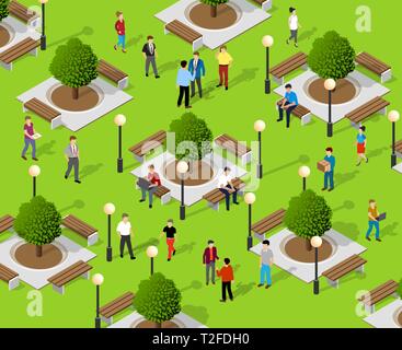 Isometrica, lo stile di vita delle persone la comunicazione in un ambiente urbano in un parco con panchine e alberi Illustrazione Vettoriale