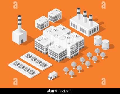 Set isometrica della moderna città 3d. Paesaggio alberi, strade. Viste tridimensionali di grattacieli, case, edifici e aree urbane con traspor Illustrazione Vettoriale