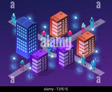 Set di isometrica moderni edifici a raggi ultravioletti e piante per siti e giochi Illustrazione Vettoriale