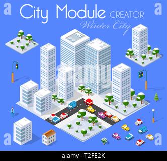 Inverno Natale kit set isometrica della città con edifici, case, strade e automobili per un festoso di background urbano di progetti concettuali Illustrazione Vettoriale