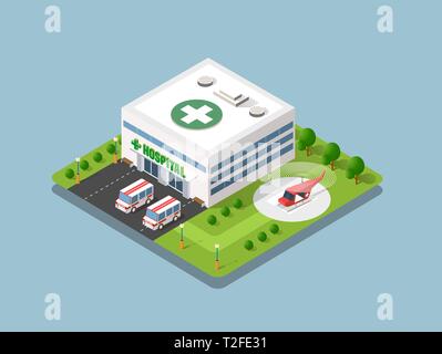 Isometrica ospedale 3d edificio urbano di salute di architettura di infrastrutture e di ambulanza casa moderna icona del concetto Illustrazione Vettoriale