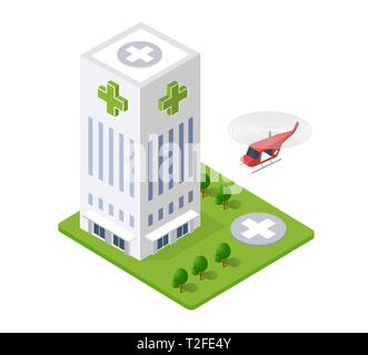 Isometrica ospedale 3d edificio urbano di salute di architettura di infrastrutture e di ambulanza casa moderna icona del concetto Illustrazione Vettoriale