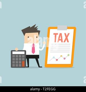 Imprenditore in piedi con documento fiscale su clip board e calcolatrice. Pagamento tasse concetto. Illustrazione Vettoriale