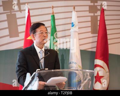 (190402) -- PECHINO, 2 aprile 2019 (Xinhua) -- Li Chengwen, ambasciatore cinese per China-Arab membri del Forum di cooperazione affari, parla a seconda China-Arab membri BeiDou Navigation Satellite System (BDS) Forum di cooperazione a Tunisi, capitale della Tunisia, 1 aprile 2019. (Xinhua/Meng Tao) Foto Stock