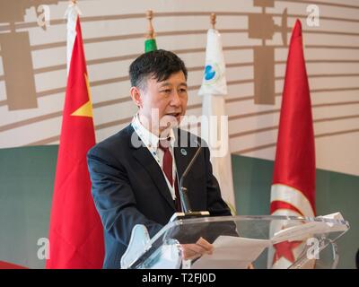 (190402) -- PECHINO, 2 aprile 2019 (Xinhua) -- Wang Zhaoyao, presidente del cinese Satellite Navigation Comitato, parla a seconda China-Arab membri BeiDou Navigation Satellite System (BDS) Forum di cooperazione a Tunisi, capitale della Tunisia, 1 aprile 2019. (Xinhua/Meng Tao) Foto Stock