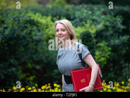 Londra, Regno Unito. 02Apr, 2019. Liz Truss, Primo Segretario al tesoro, arriva per la riunione di gabinetto. Credito: Tommy Londra/Alamy Live News Foto Stock