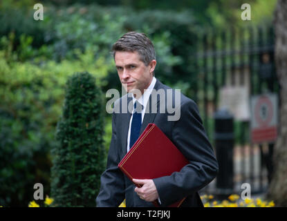 Londra, Regno Unito. 02Apr, 2019. Gavin Williamson, Segretario di Stato per la difesa, arriva per la riunione di gabinetto. Credito: Tommy Londra/Alamy Live News Foto Stock