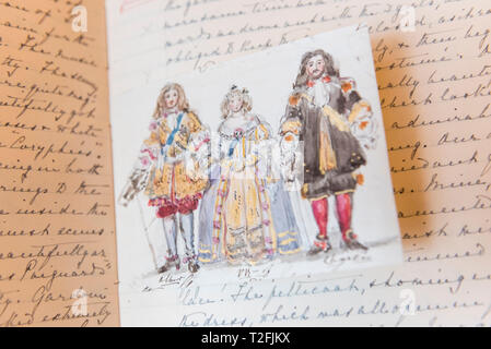 Londra, Regno Unito. Il 2 aprile 2019. Un curatore visualizza la Regina Vittoria per il bozzetto di se stessa e il Principe Alberto a Stuart Ball, datata 13 giugno 1851. Anteprima di 'la Regina Victoria Palace' mostra a Buckingham Palace. La mostra speciale segna il bicentenario della nascita della regina Victoria (1819-1901) e raccontare la storia dei suoi 62 anni di regno e la sua vita a Buckingham Palace. Oltre 80 oggetti verranno visualizzati come parte della apertura estiva delle camere di stato 20 Luglio al 29 settembre 2019. Credito: Stephen Chung / Alamy Live News Foto Stock