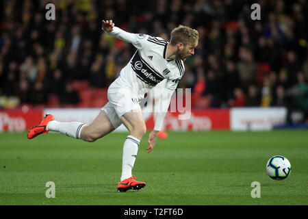 Watford, Regno Unito. 02Apr, 2019. Tim risma di Fulham in azione. EPL Premier League, Watford v Fulham a Vicarage Road a Londra il martedì 2 aprile 2019. Questa immagine può essere utilizzata solo per scopi editoriali. Solo uso editoriale, è richiesta una licenza per uso commerciale. Nessun uso in scommesse, giochi o un singolo giocatore/club/league pubblicazioni . pic da Steffan Bowen/Andrew Orchard fotografia sportiva/Alamy Live news Credito: Andrew Orchard fotografia sportiva/Alamy Live News Foto Stock